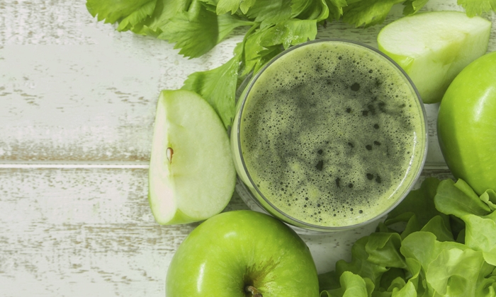 apple and vegetable smoothie  for health. top view.